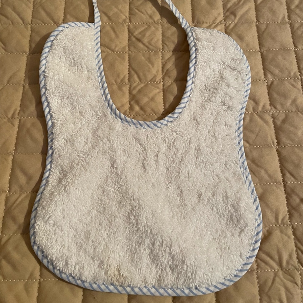 Handmade Bib white with blue trim, tie closure, brand new.